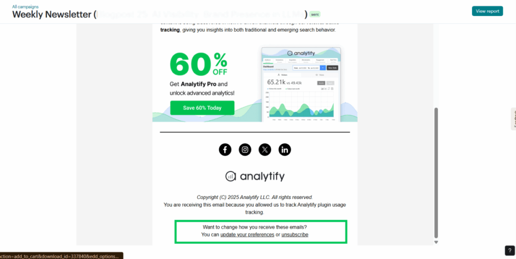 Add relevant social and unsubscribe links in emails Add relevant social and unsubscribe links in emails