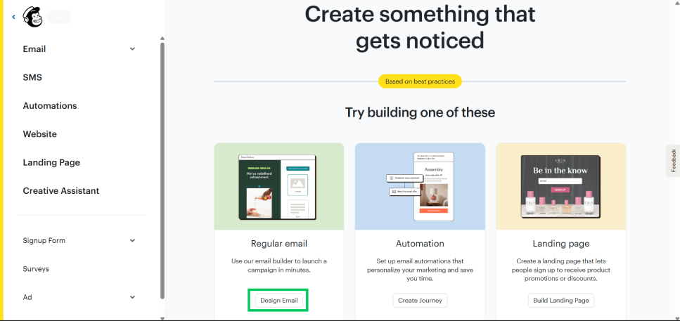Click on design email Click on design email