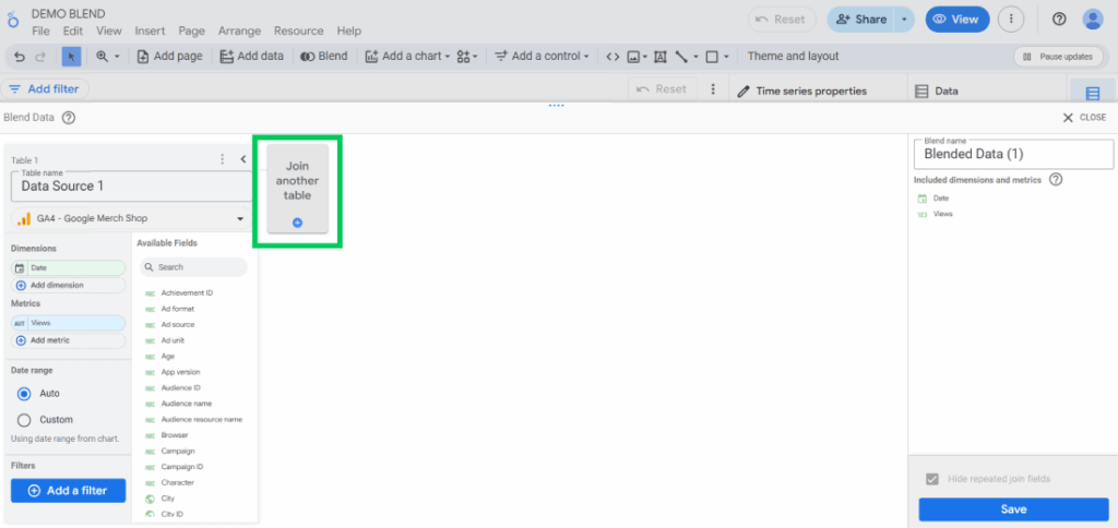 Click on join another table for second table configuration for how to blend data in looker studiio
