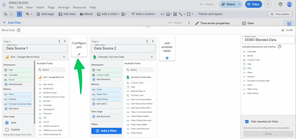 Click on pencil icon for join configurations for how to blend data in looker studio