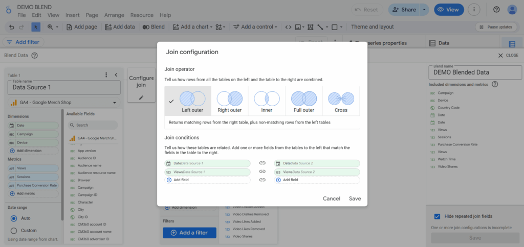 Join configuration types shown for how to blend data in looker studio