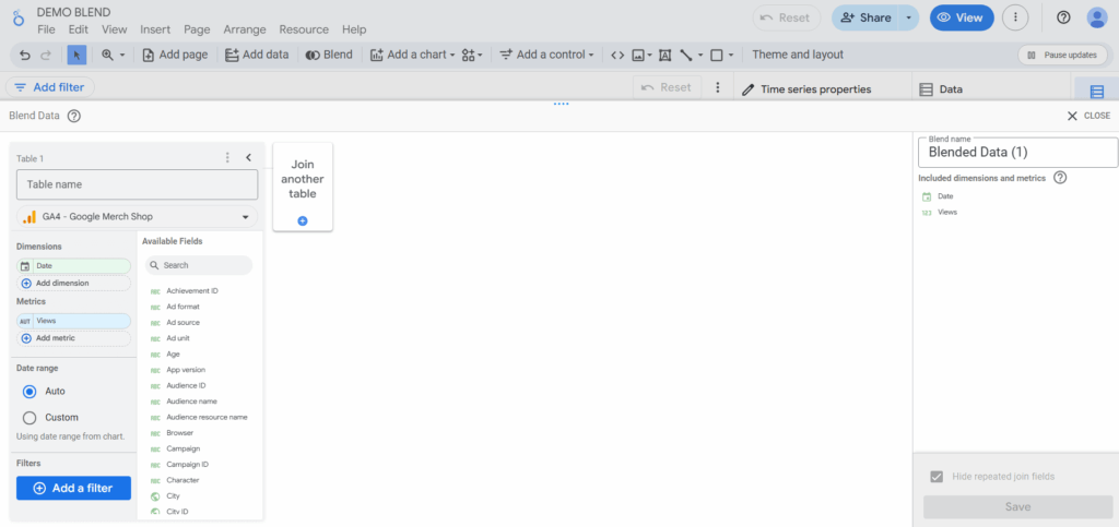 Open configure data panel for how to blend data in looker studio