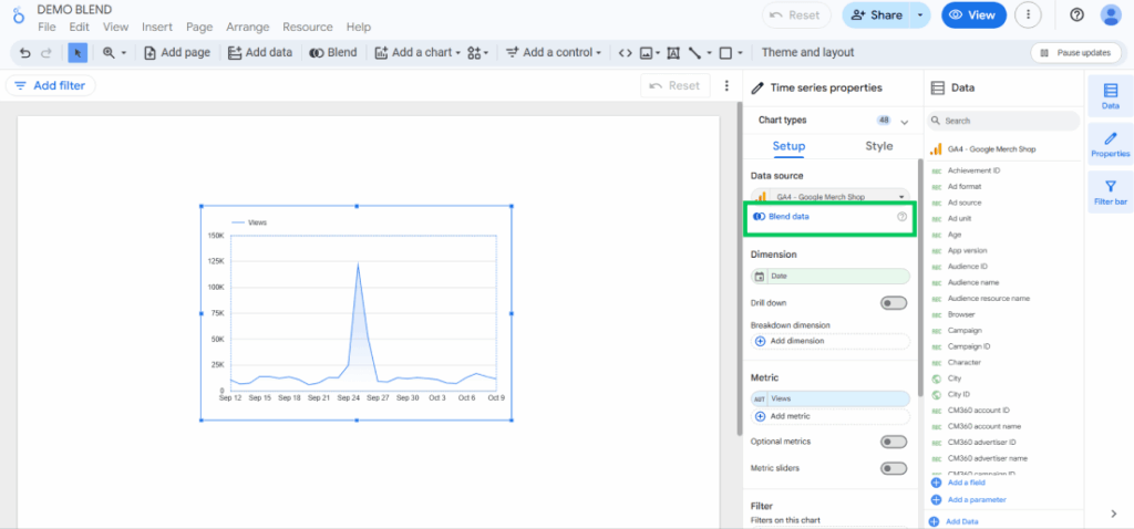 Select blend data option for how to blend data in looker studio