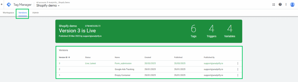 Versions in GTM Versions in GTM