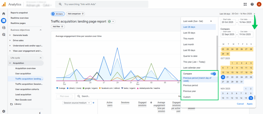Turn on the toggle to compare date ranges