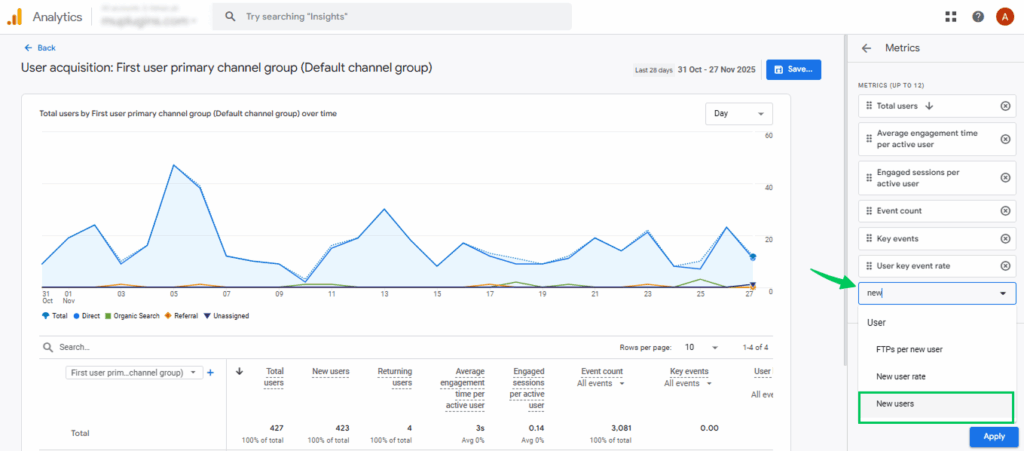 Choose New and Returning users to add