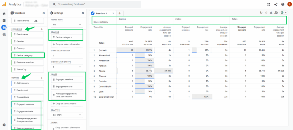 Track user engagement by device GA4 explorations report