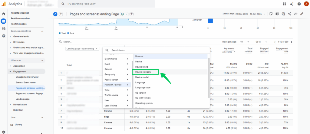 Choose device category as secondary dimension