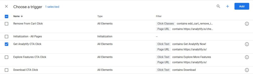 Select trigger for custom GTM tag
