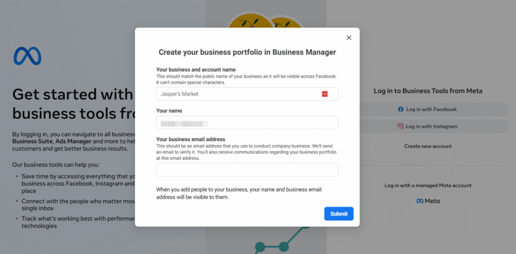 Create business profile in meta facebook