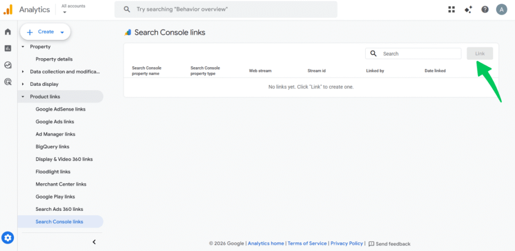Select link button to link your GA4 organic keywords with search console Select link button to link your GA4 organic keywords with search console
