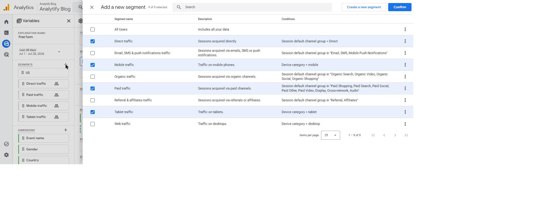 GA4 Add a new segment screen with the Create a new segment option