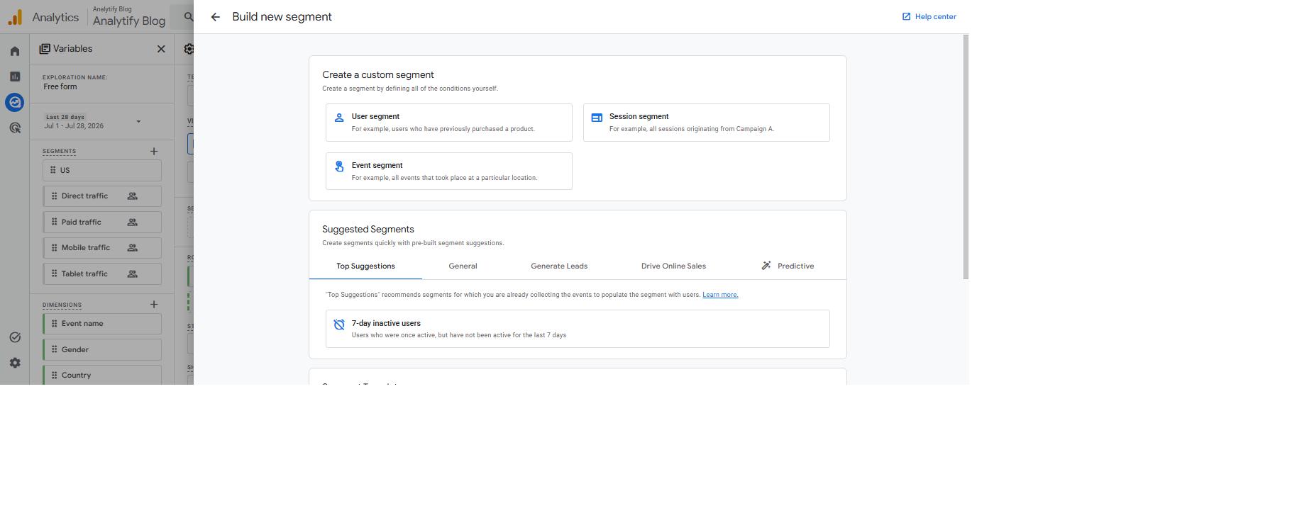 GA4 segment type options: User, Session, and Event