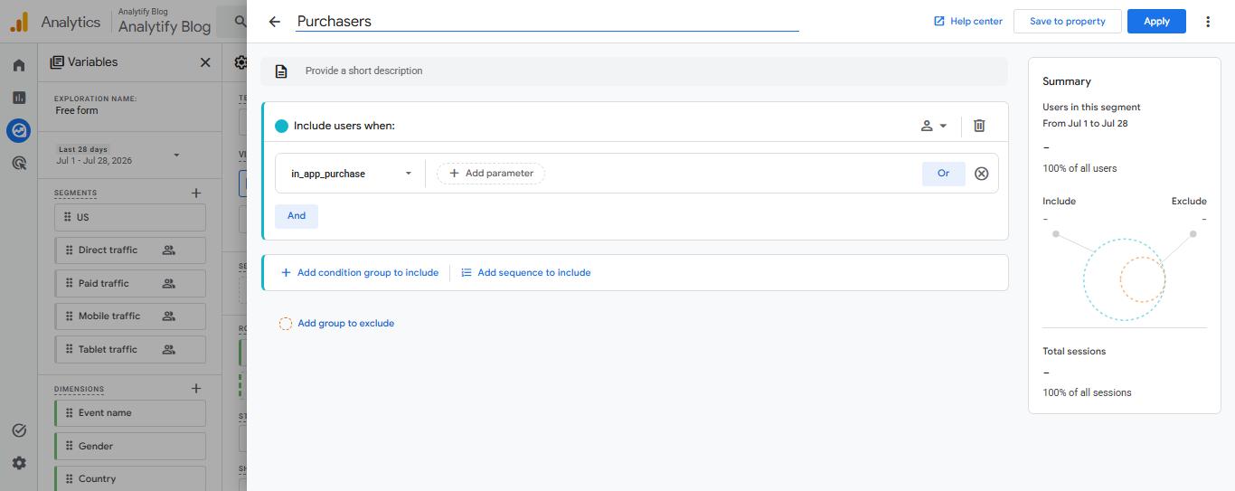 GA4 user segment named Purchasers built on a purchase event