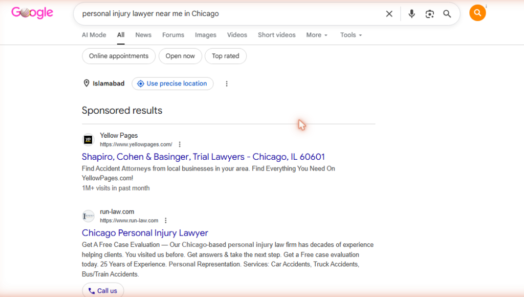 Google search results page showing sponsored local PPC ads above organic listings for a "near me" search query