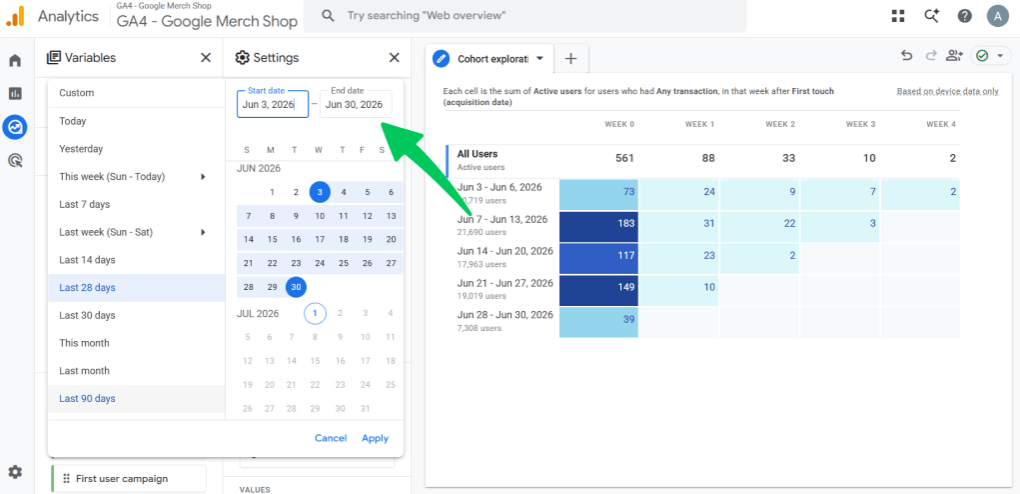 Google Analytics 4 exploration panel showing an open calendar dropdown with a green arrow indicating where to set custom start and end dates.