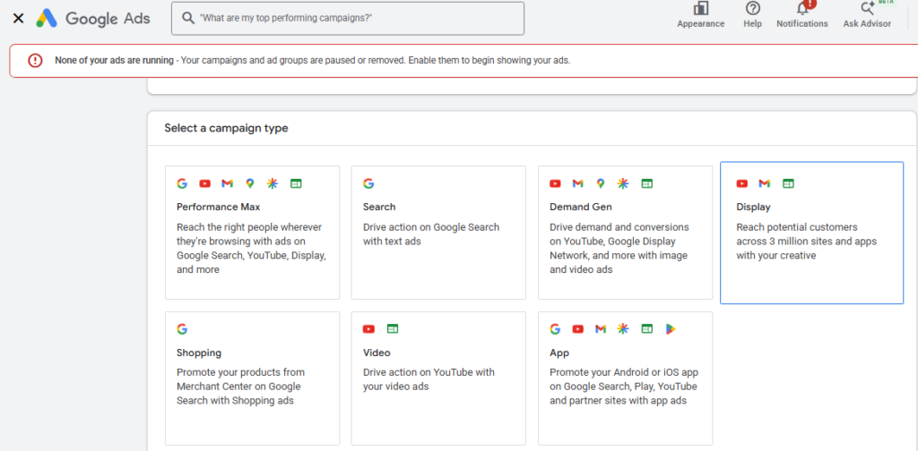 Google Ads "Select a campaign type" screen showing Performance Max, Search, Demand Gen, Display, Shopping, Video, and App options