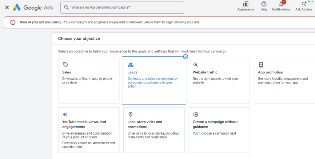 Google Ads campaign creation screen with the "Leads" objective selected for a local PPC campaign