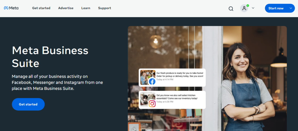 Meta Business Suite overview page showing Facebook and Instagram posts managed from one place