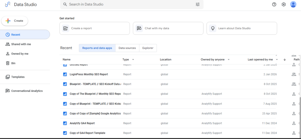Looker Studio Recent reports list with saved GA4 and monthly SEO report files