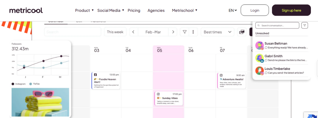 Metricool content calendar with scheduled posts, a follower growth chart and a social inbox