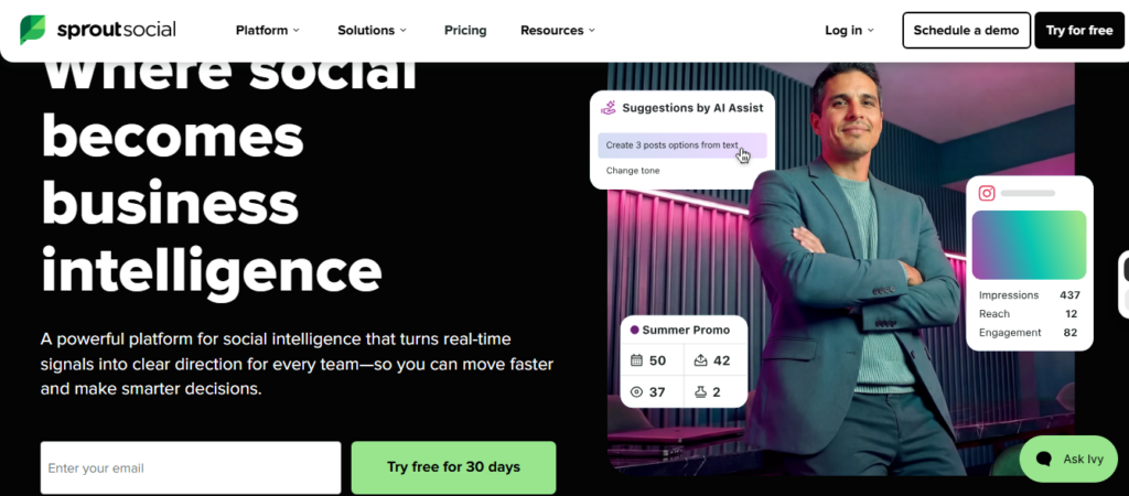 Sprout Social platform page showing impressions, reach and engagement on an Instagram post