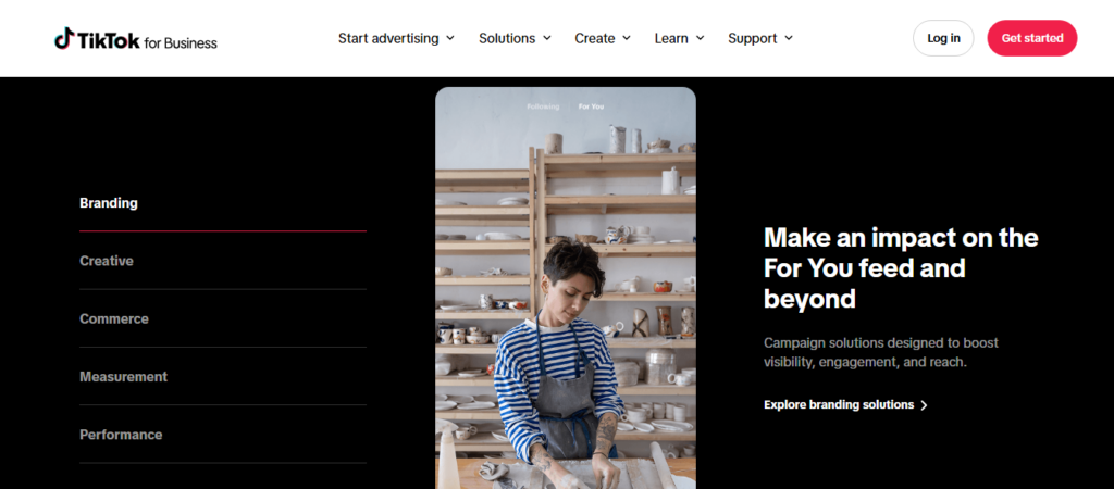 TikTok for Business site showing campaign solutions across branding, creative, commerce and measurement