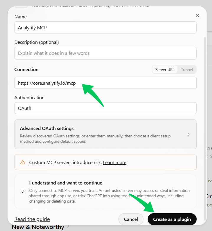 How to Connect GA4 to ChatGPT With Analytify MCP Add the Analytify MCP server URL and create the plugin