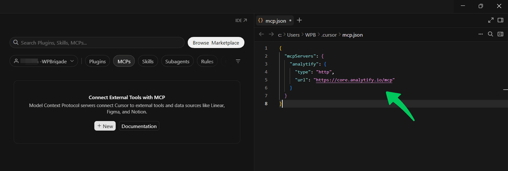 Add the Analytify server using the configuration below, then save (Analytify MCP setup in Cursor)
