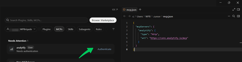 Analytify MCP appears in Cursor, click Authenticate (Analytify MCP setup in Cursor)