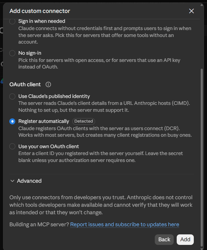 Leave Advanced settings empty, then click Add (Analytify MCP setup in Claude)