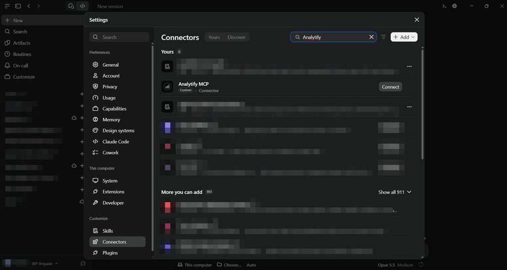 Search Analytify MCP and click Connect next to it (Analytify MCP setup in Claude Code)