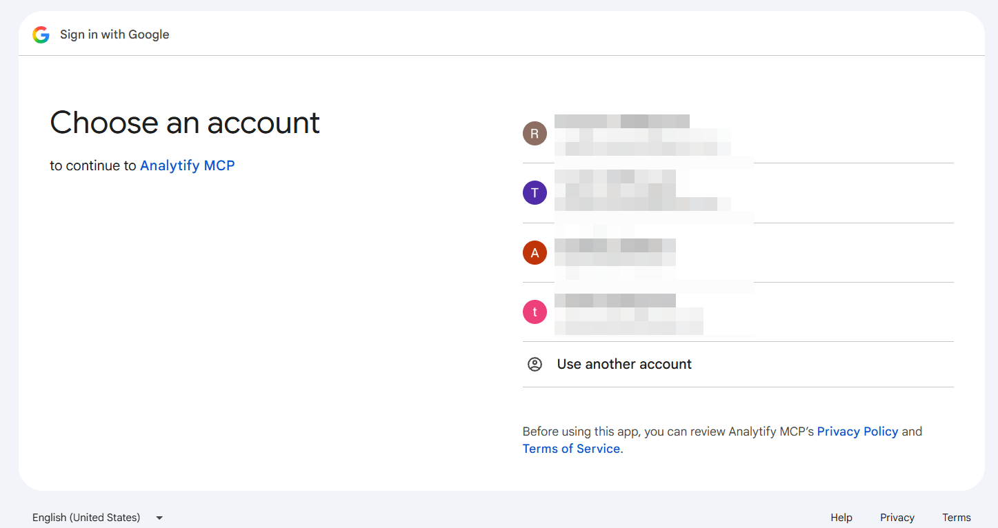 How to Connect GA4 to ChatGPT With Analytify MCP Choose your Google account for GA4