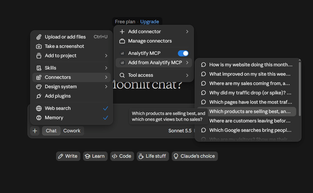 In a new chat, open the tools menu and make sure Analytify is turned on (Analytify MCP setup in Claude)