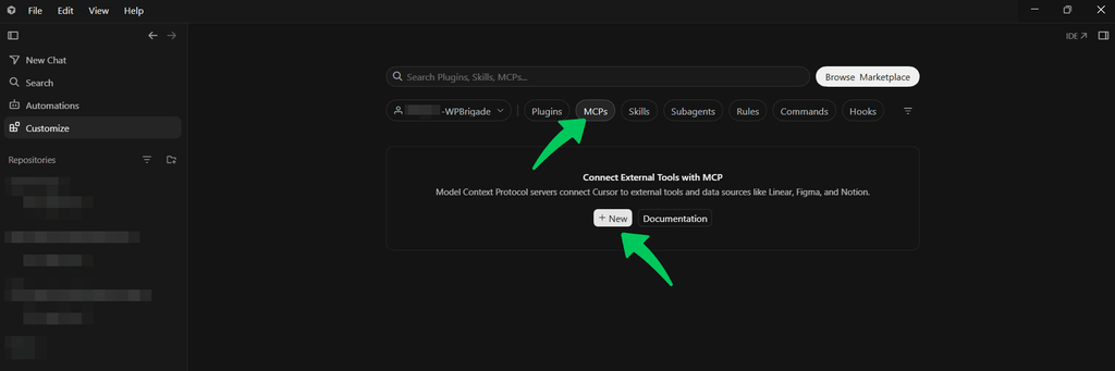 Go to MCP, then click New. Your mcp.json file opens in a side window (Analytify MCP setup in Cursor)