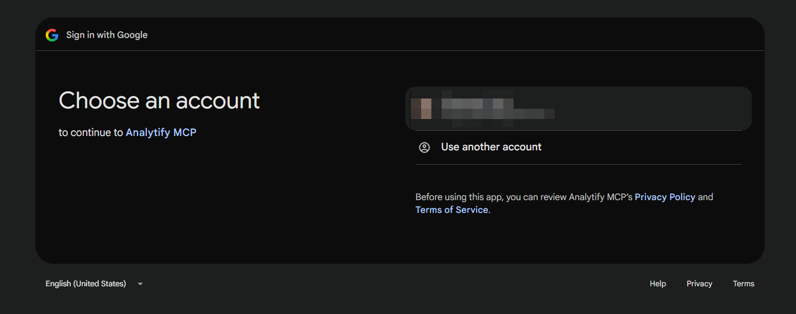Choose the Google account that has access to your GA4 property