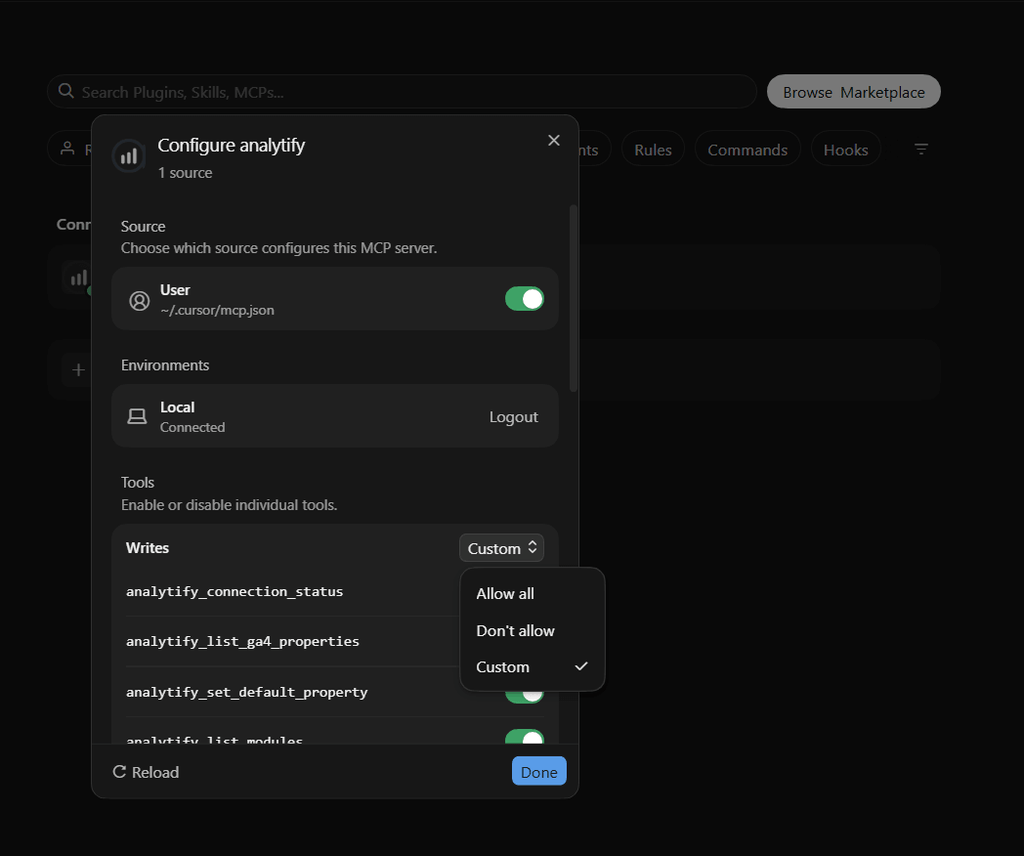 Click it if you need to change permissions (Analytify MCP setup in Cursor)