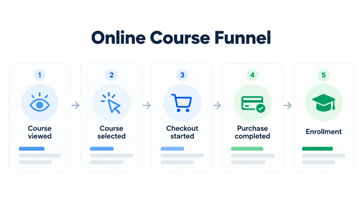 Online course funnel with five steps: course viewed, course selected, checkout started, purchase completed and enrollment